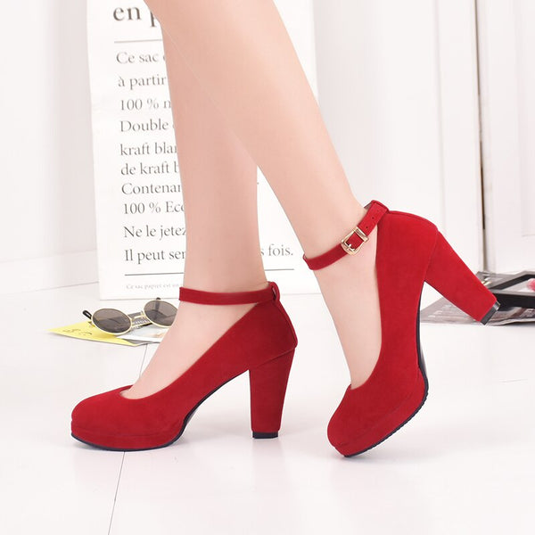 Ankle Strap High Heels Sweet Women's Pumps Flock Woman Thick Flock