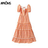 Aproms Elegant Orange Plaid Long Maxi Cotton Dress Women 2021 Summer