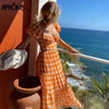 Aproms Elegant Orange Plaid Long Maxi Cotton Dress Women 2021 Summer