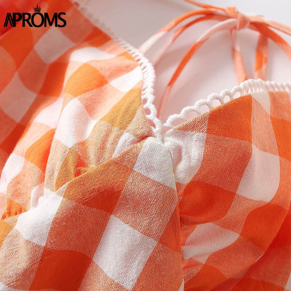 Aproms Elegant Orange Plaid Long Maxi Cotton Dress Women 2021 Summer