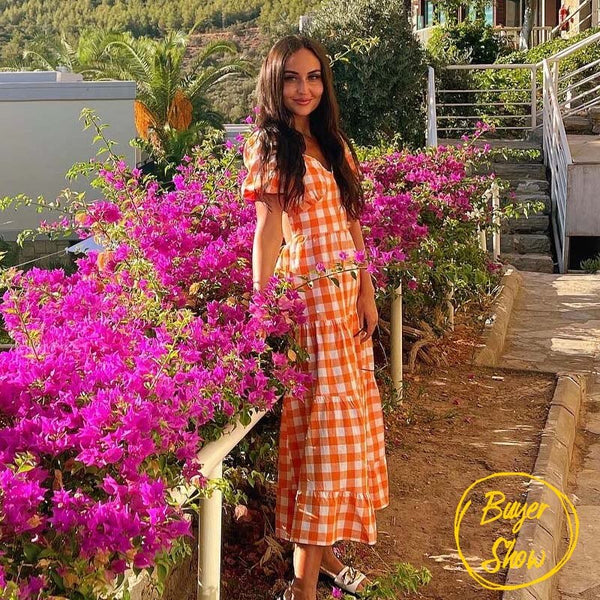 Aproms Elegant Orange Plaid Long Maxi Cotton Dress Women 2021 Summer