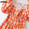 Aproms Elegant Orange Plaid Long Maxi Cotton Dress Women 2021 Summer