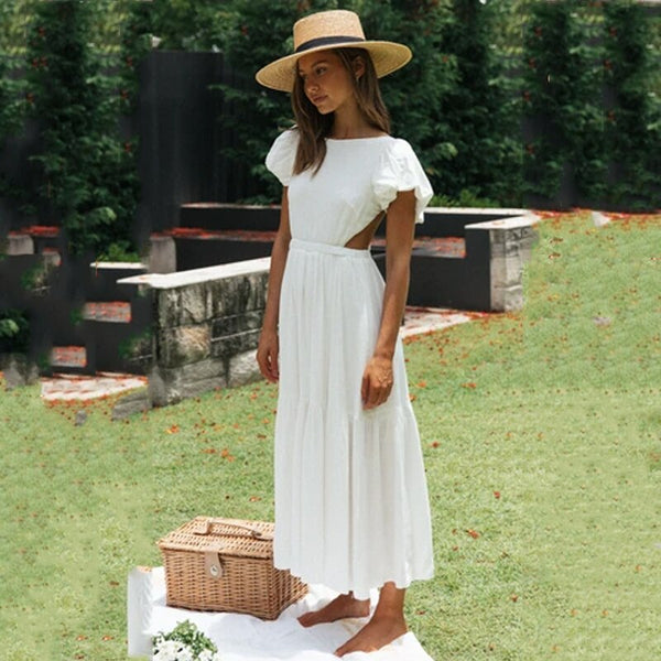 Ardm Fashion Hollow Out Whiteплатье Backless Puff Sleeve Summer Dress