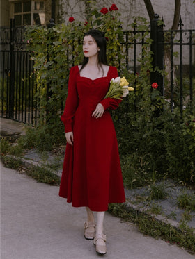 Red Velvet Dress Vintage Elegant Midi Dress