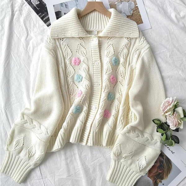 Autumn Winter Colorful Floral Embroidery Sweaters Women's Turn Down