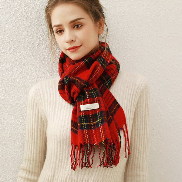 Autumn Winter Scarf Red Grids Beige Checked