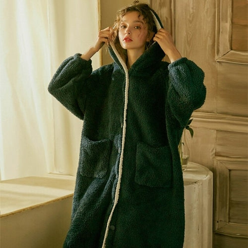 Autumn Winter Women Sleepwear Flannel Robe Thicken Ruffle