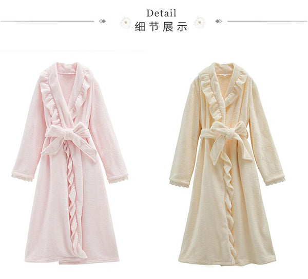 Autumn Winter Women Sleepwear Flannel Robe Thicken Ruffle