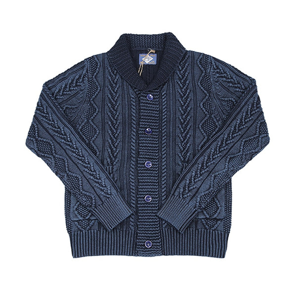 BOB DONG Shawl Collar Indigo Cotton Cardigan Jacquard Pattern Sweater