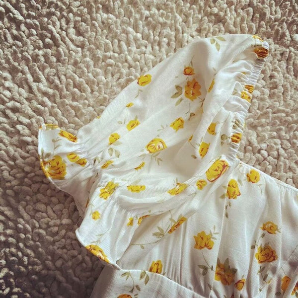 BOHO INSPIRED white cotton summer dress yellow floral slit side ladies