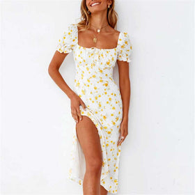 BOHO INSPIRED white cotton summer dress yellow floral slit side ladies