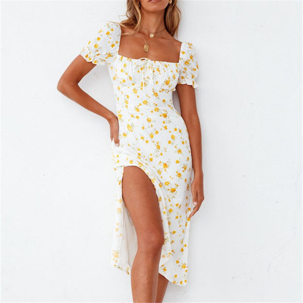 BOHO INSPIRED white cotton summer dress yellow floral slit side ladies