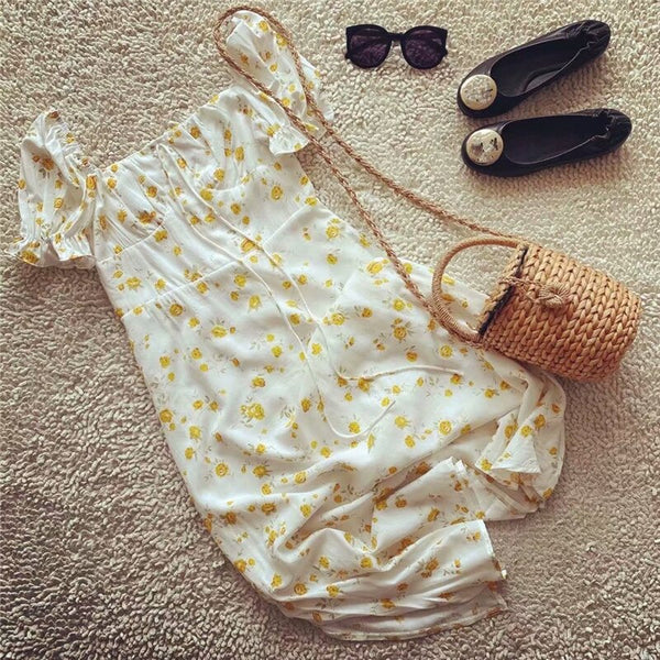 BOHO INSPIRED white cotton summer dress yellow floral slit side ladies