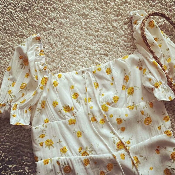 BOHO INSPIRED white cotton summer dress yellow floral slit side ladies