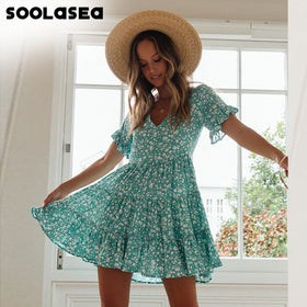 BOHO SOOLASEA 2021 Ruffles Print Short Beach Dress Women Summer Short