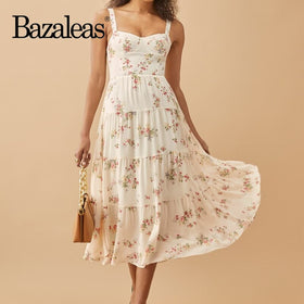 Bazaleas summer holiday cream flora Print dress women Mesh women