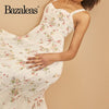 Bazaleas summer holiday cream flora Print dress women Mesh women