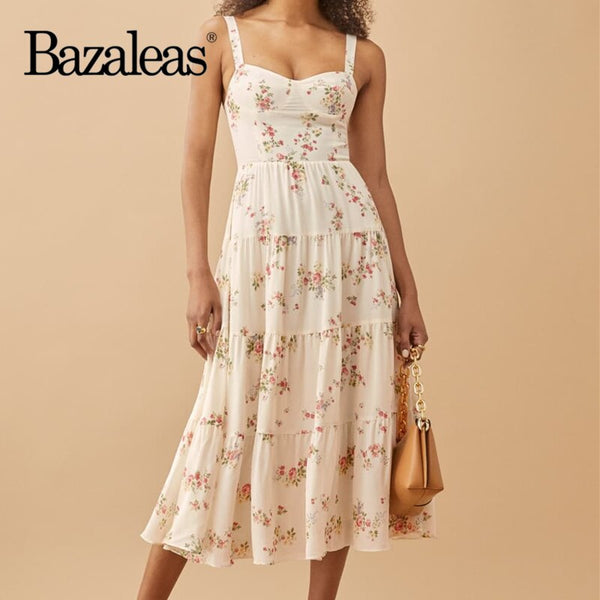 Bazaleas summer holiday cream flora Print dress women Mesh women