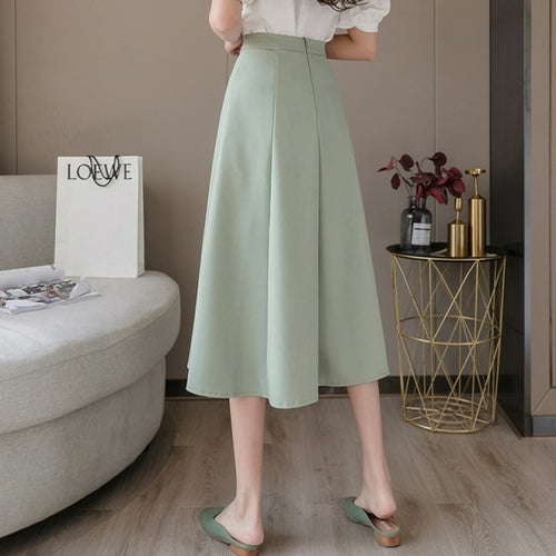 Bean Green Elegant Summer A Line Pleated Skirts Woman 2021 Korean