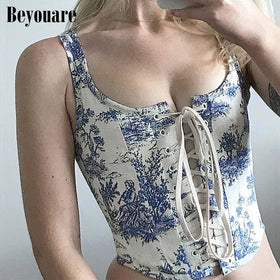 Beyouare Summer Square Collar Women's Tank Crop Tops Printing