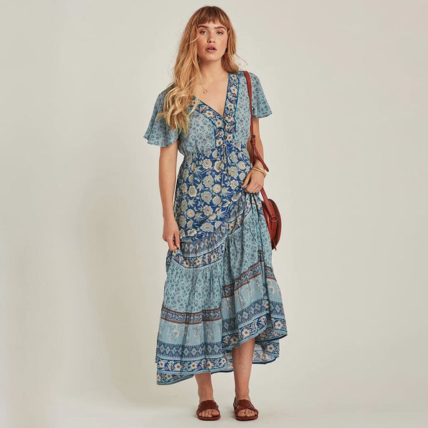 Blue Floral Chic Maxi Dress Women 2020 Retro Short Sleeve V neck Sexy