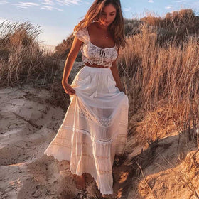 Boho Inspired Women's White Maxi Skirt patch pockets tassel tied