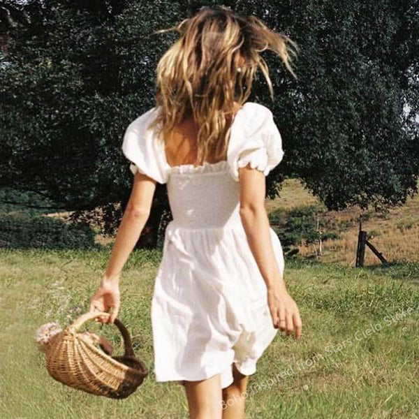 Boho Inspired shirred bust flowing white dress women cute puff sleeve