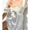 Boho Inspired shirred bust flowing white dress women cute puff sleeve