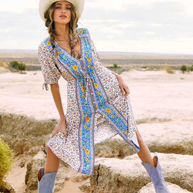 Boho Inspired women floral print V neck cotton Bohemian dress for