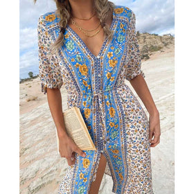 Boho Inspired women floral print V neck cotton Bohemian dress for