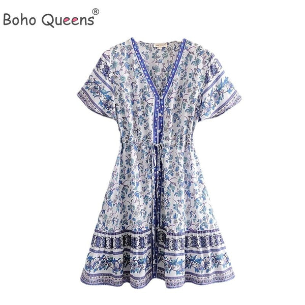 Boho Queens Women Blue Floral Print Deep V neck Vacation Bohemian Mini