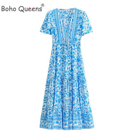 Boho Queens Women Blue Floral Print Sashes Pleated Happie Dresses