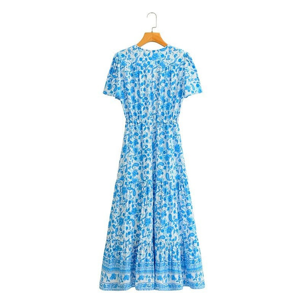 Boho Queens Women Blue Floral Print Sashes Pleated Happie Dresses