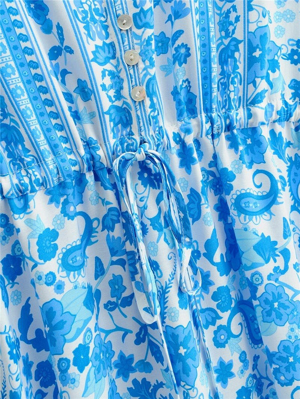 Boho Queens Women Blue Floral Print Sashes Pleated Happie Dresses