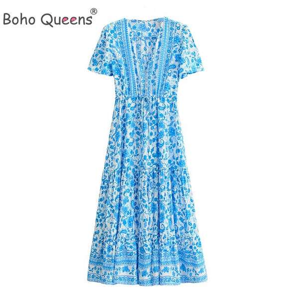 Boho Queens Women Blue Floral Print Sashes Pleated Happie Dresses