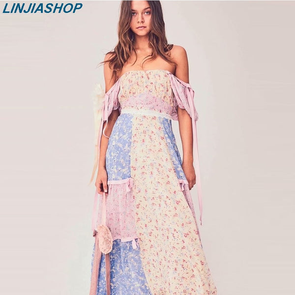 Boho loveshack summer dress square neck ruffles slim high waist silk