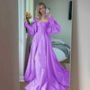 Booma Elegant Pink Prom Dresses Bishop Sleeves High Slit Taffeta