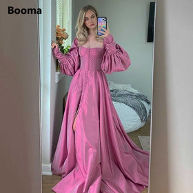 Booma Elegant Pink Prom Dresses Bishop Sleeves High Slit Taffeta