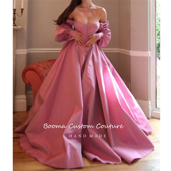 Booma Elegant Pink Prom Dresses Bishop Sleeves High Slit Taffeta