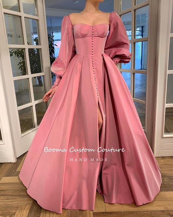 Booma Elegant Pink Prom Dresses Bishop Sleeves High Slit Taffeta