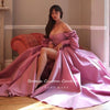 Booma Elegant Pink Prom Dresses Bishop Sleeves High Slit Taffeta