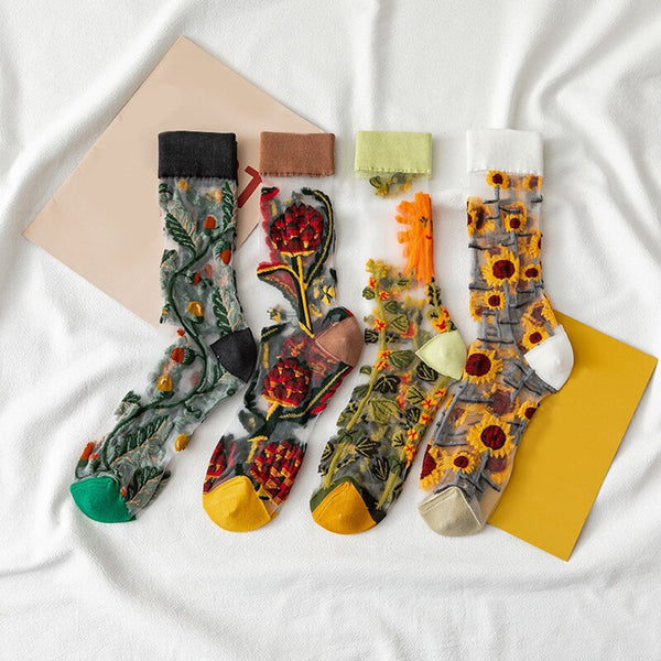 Breathable Socks Embroider Floral Women's Socks Lace Thin Transparent