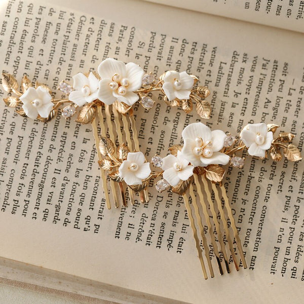 Bridal Hair Pins Flower Small Combs Gold Leaf Wedding Headpiece