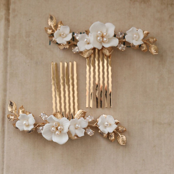 Bridal Hair Pins Flower Small Combs Gold Leaf Wedding Headpiece