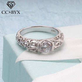 CC Vintage Rings For Women Palace Pattern Silver Ring Cubic Zirconia