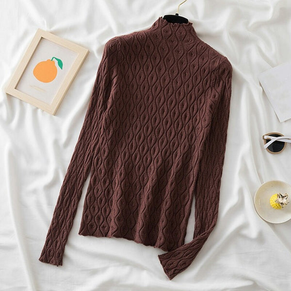 Casual Mock Neck Knitted Women Sweater Winter Fashion Korean Slim