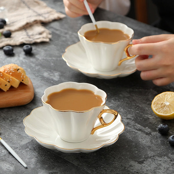 Ceramic Elegant Flower Bone China Coffee Cup with Saucer Set White