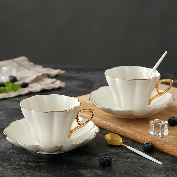 Ceramic Elegant Flower Bone China Coffee Cup with Saucer Set White