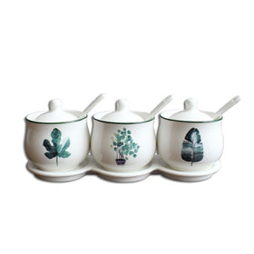 Ceramic Tropical Plant Spice Storage Jar with Spoon Cover