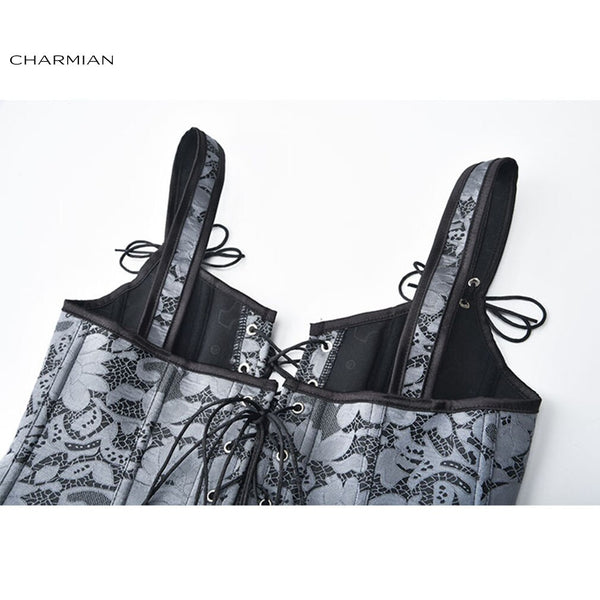 Charmian Sexy Steampunk Floral Jacquard Zipper Overbust Corset Wide